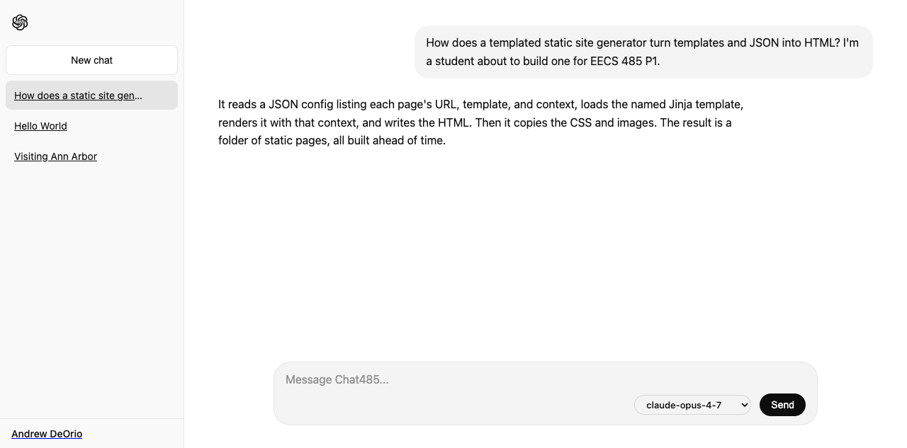 Chat485 hero shot: the finished static site with an open conversation where the user asks how a templated static site generator turns templates and JSON into HTML and the assistant answers in plain text, beside the sidebar listing conversations