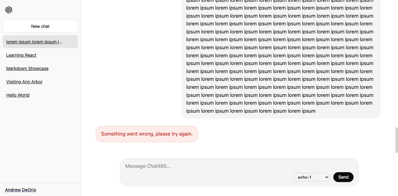 Conversation page after a chat completions API failure: the user's message is rendered, and an inline error bubble below it reads "Something went wrong, please try again."