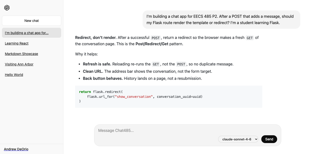 Chat485 hero shot: a logged-in user asks chat485 to explain P2's redirect-vs-render question, and the assistant reply renders as Markdown with bold lead-ins, a bullet list, and a syntax-highlighted Python code block, with claude-sonnet-4-6 selected in the composer's model picker