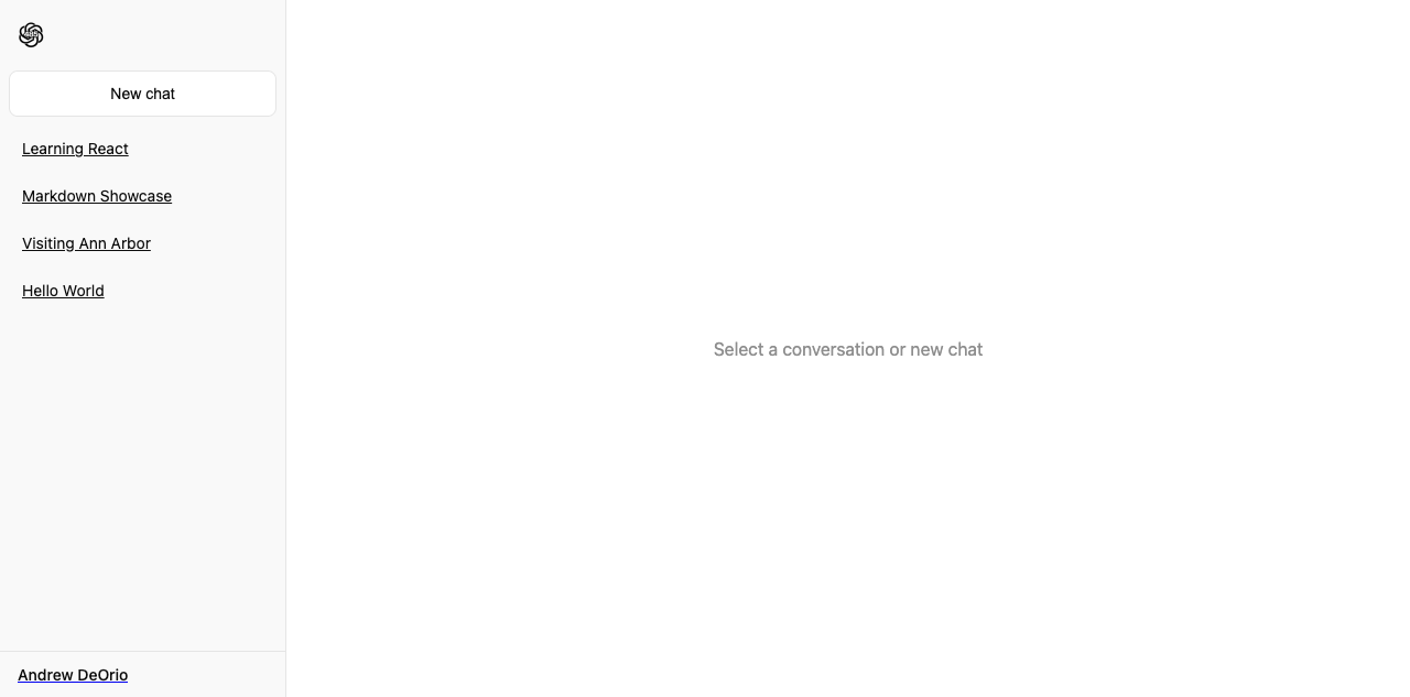 Chat485 home page after awdeorio logs in, sidebar listing the seed conversations newest-first