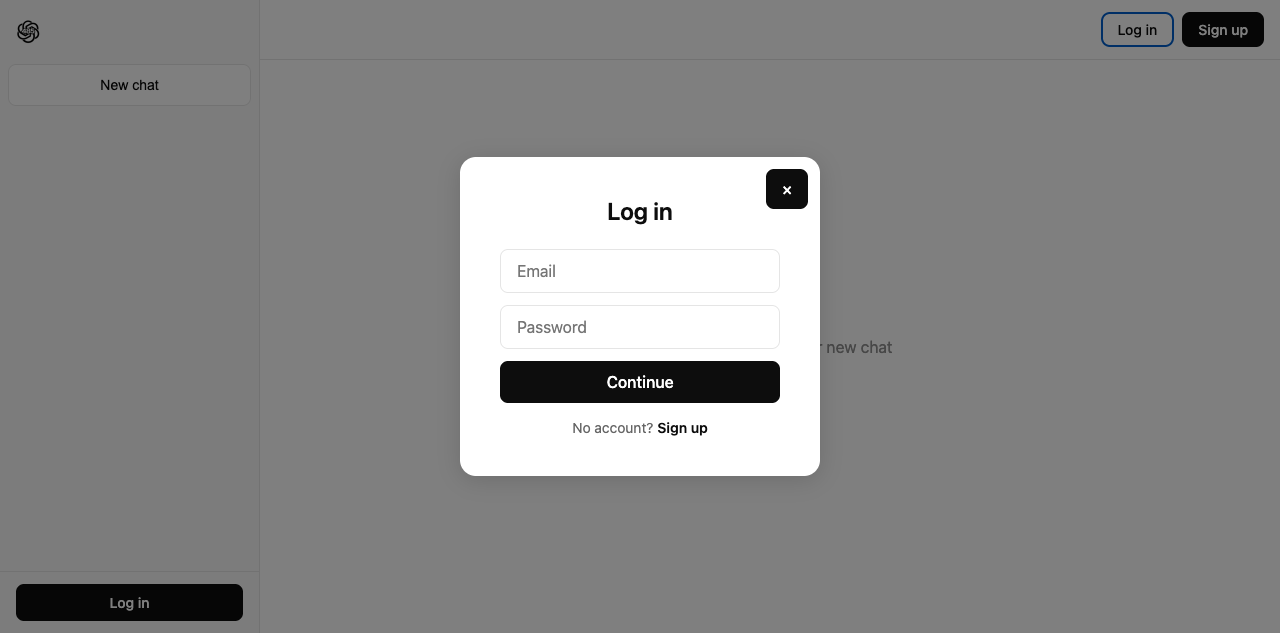 Login modal with email and password fields