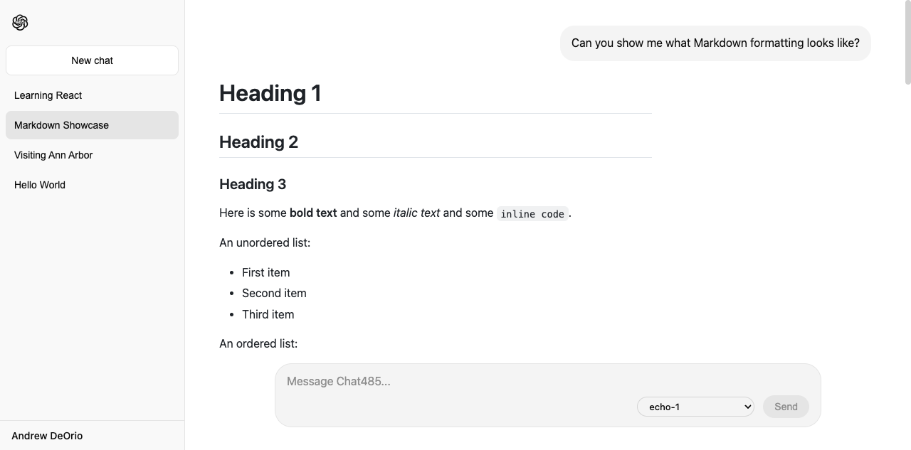 Rendered Markdown: headings, inline styles, and lists in an assistant message