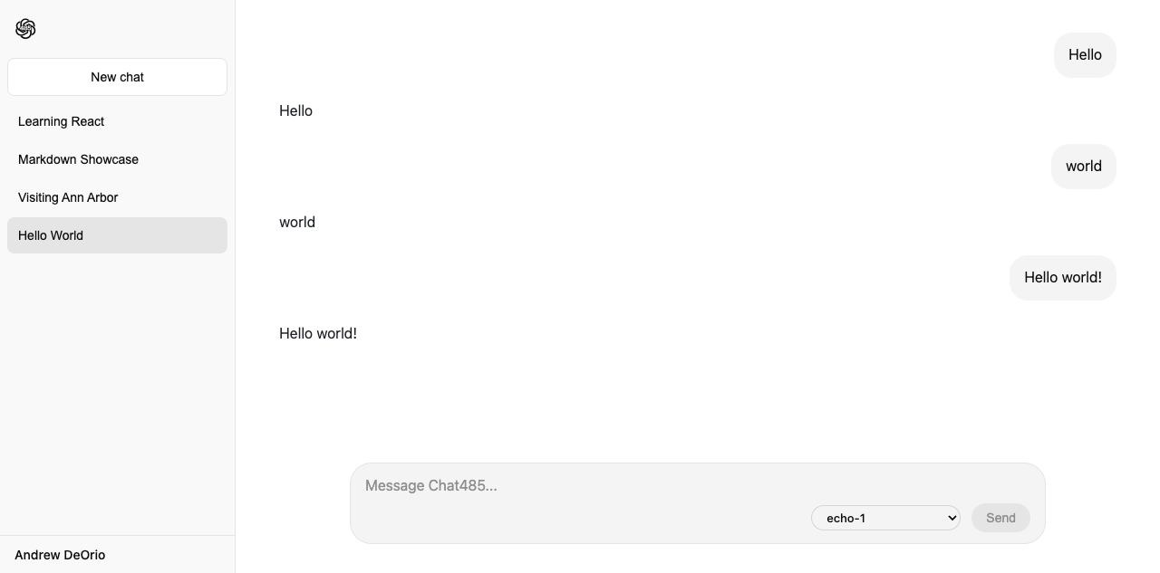 Chat485 home page with a conversation selected