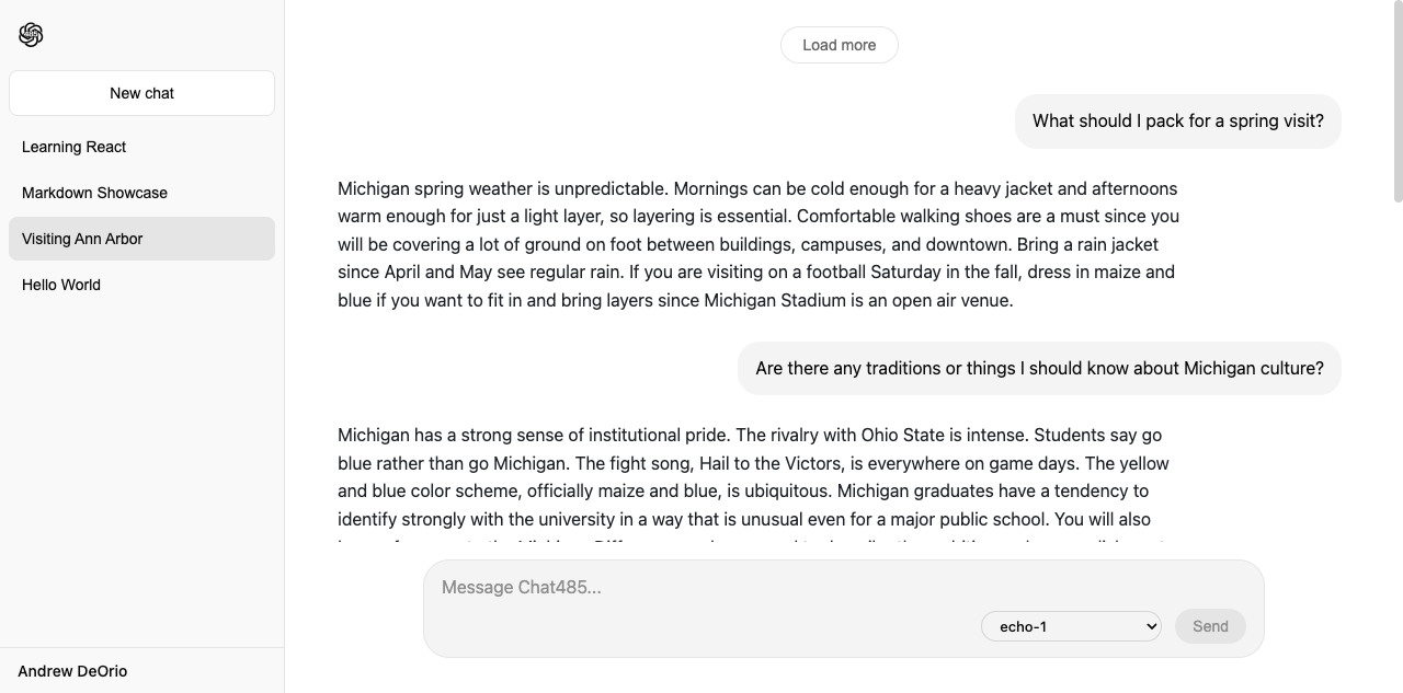 Message list with the Load more button at the top