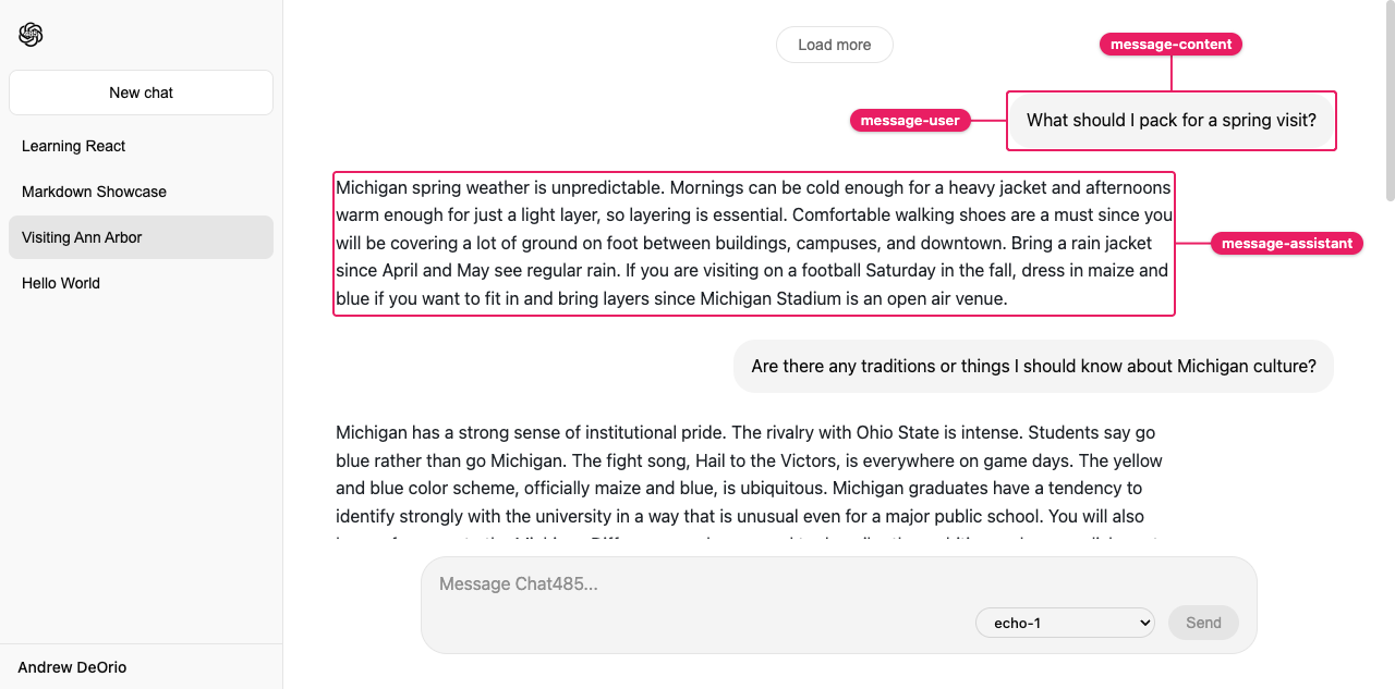 Per-message selectors: user, assistant, and content