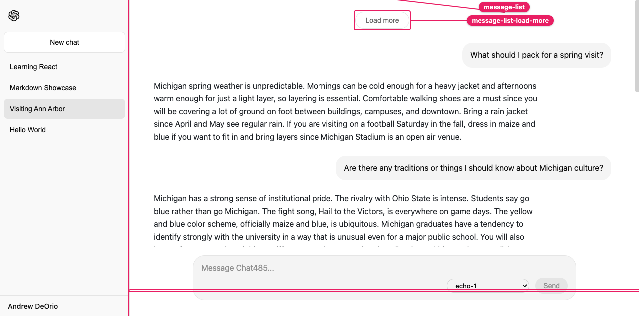 Message list, load more, and message input selectors