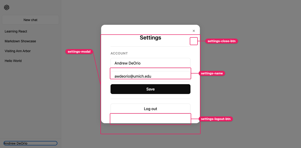 Settings modal selectors