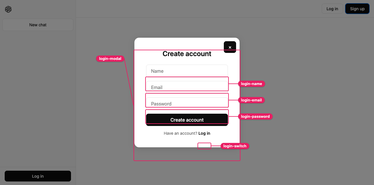 Login and signup modal selectors