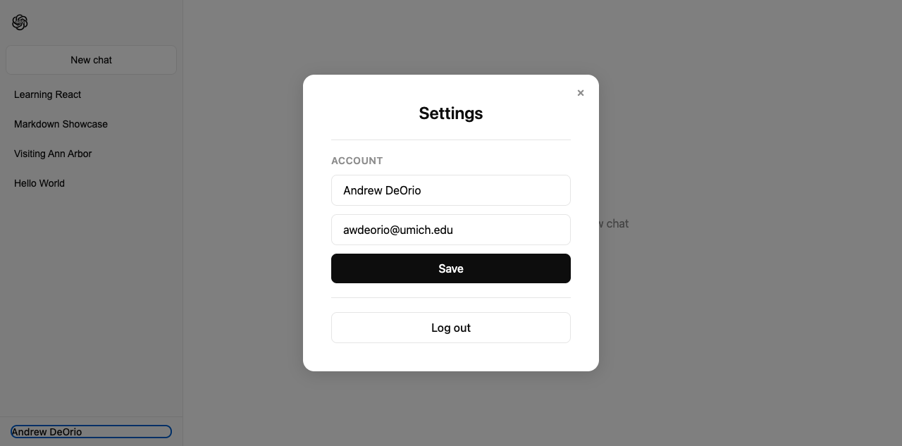 Settings modal with Account fields and Log out button