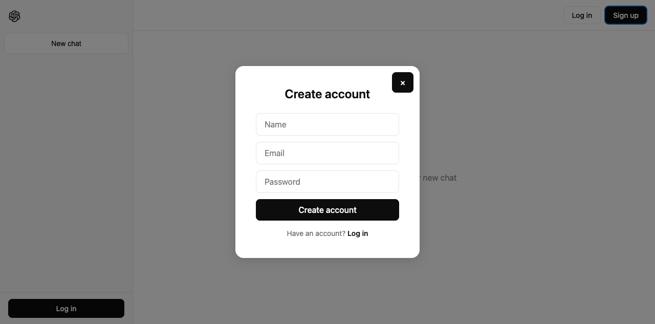 Signup modal with name, email, and password fields