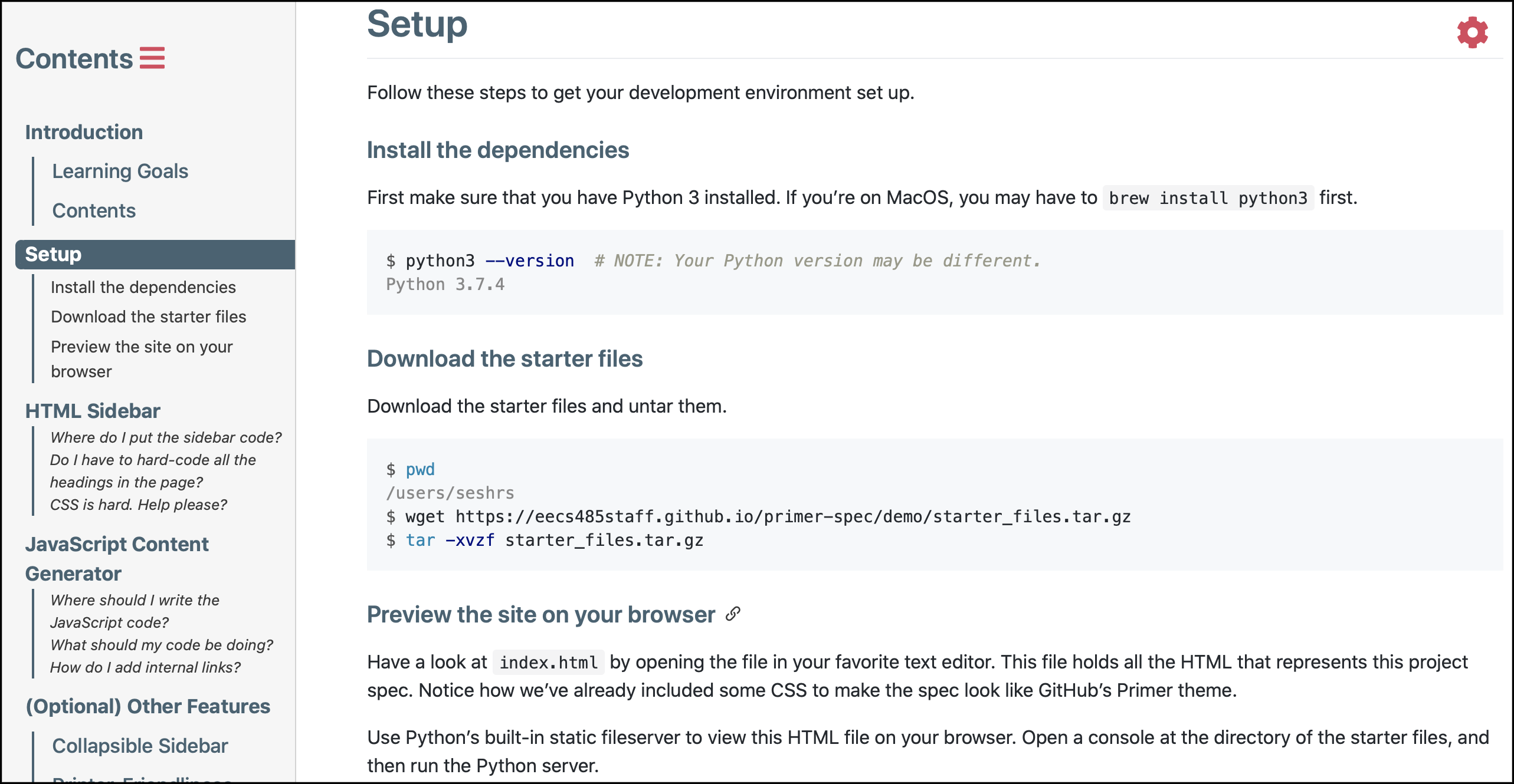 This image shows a screenshot of Primer Spec in the 'Bella' theme.